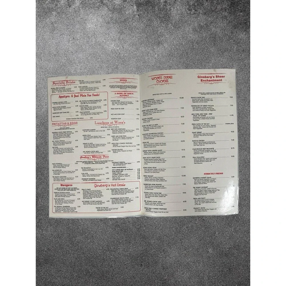 1980s Ginsberg & Wong Toronto Resturant Menu
